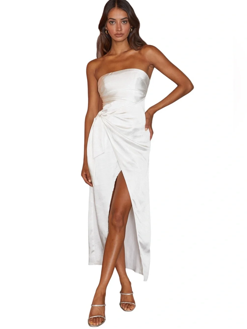 Selfie Leslie White Gianna Strapless Waist Tie Midi Dress Womens L